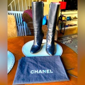 Vintage Chanel 3/4 boots. Black leather with stacked wood heel. 8.5 B